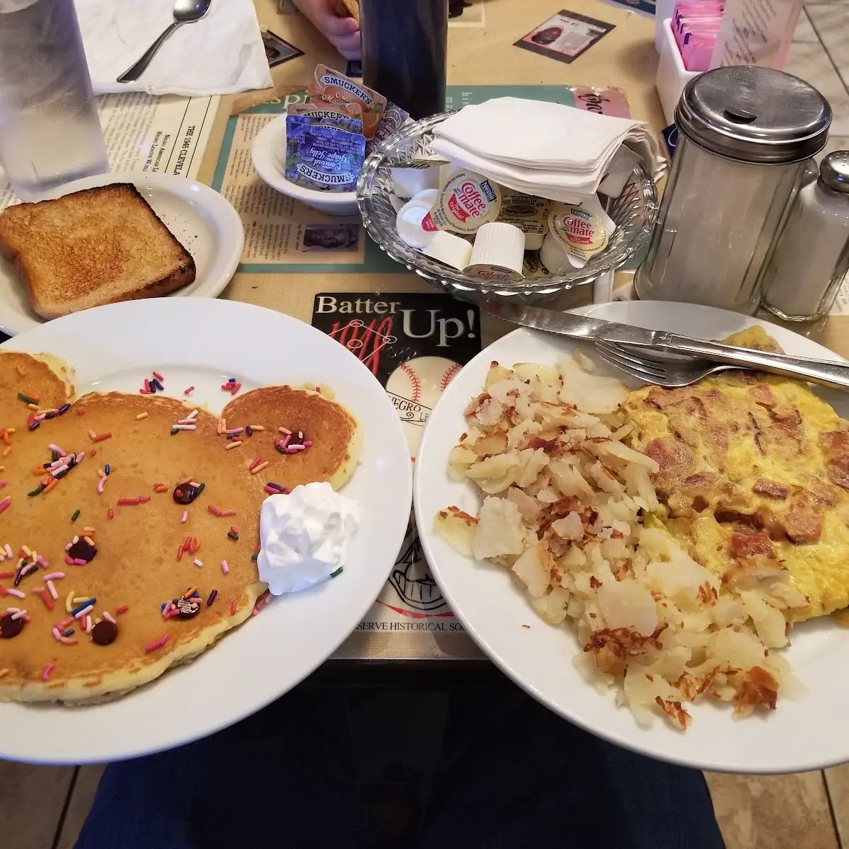 Left-Kids Pancake Right-Bacon Egg Cheese Omelet