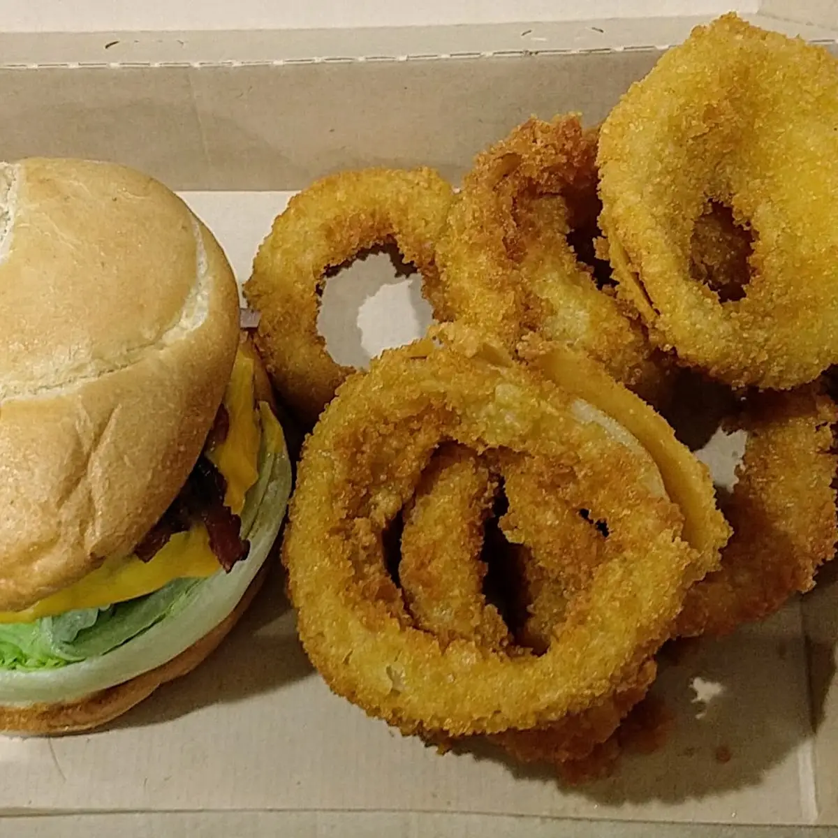 Bacon & Cheese Burger and Onion Rings