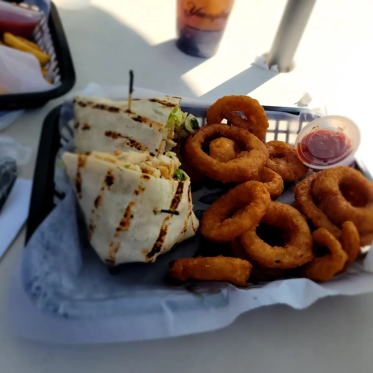 Chicken Caesar Wrap and Onion Rings