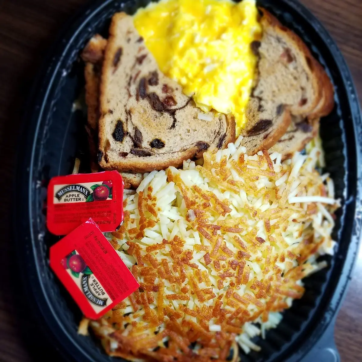 Cheese Eggs Hashbrowns Raisin Toast