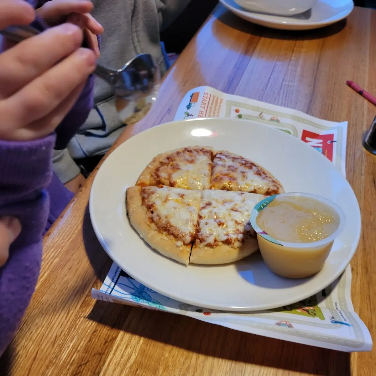 Child's Cheese Pizza and Applesauce