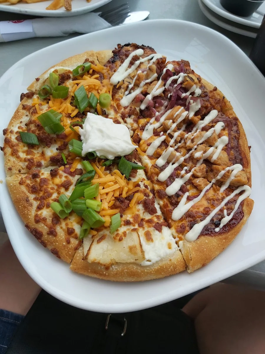 Half Spicy Perogy Pizza Half Bourbon BBQ Chicken Pizza