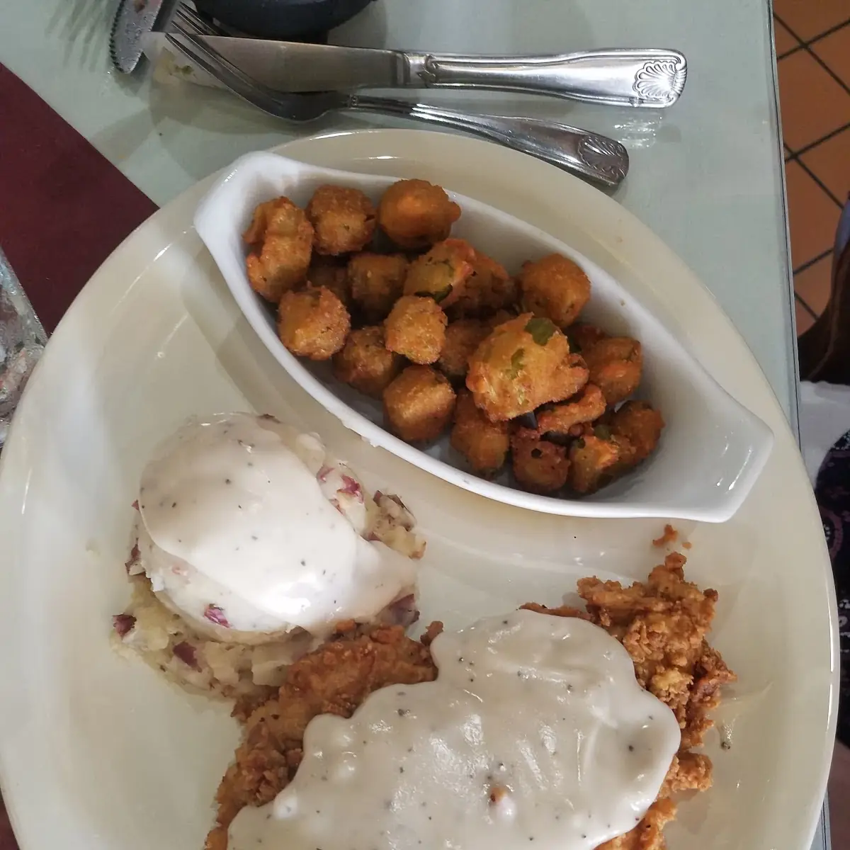 Chicken Fried Chicken with Mashed Potatoes Gravy and Fried Okra