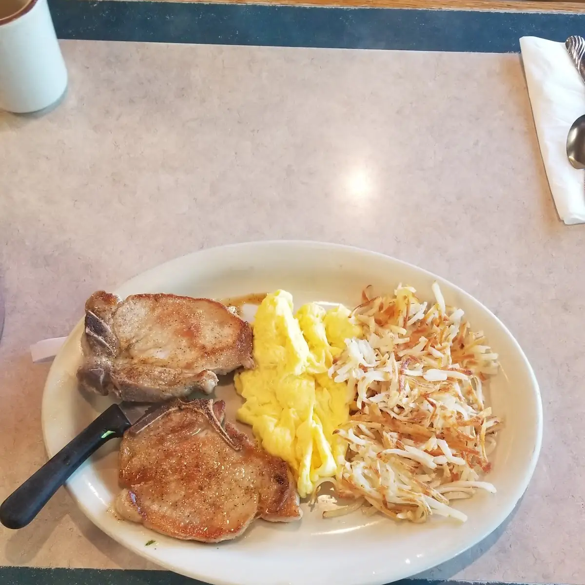 Porkchops and Scrambled Eggs with Hashbrowns