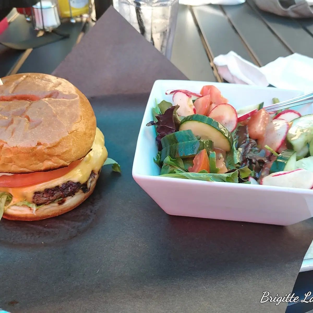 Burger and Garden Salad Featuring Spring Mix and Balsamic Vinaigrette Dressing