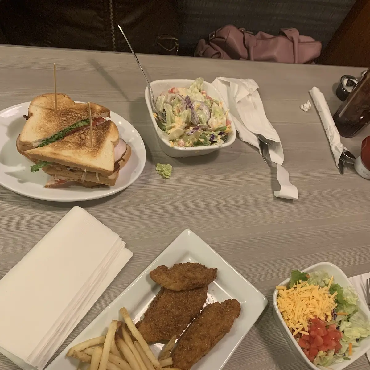 Fried Fish & Chips Salad and an American blt Sandwich