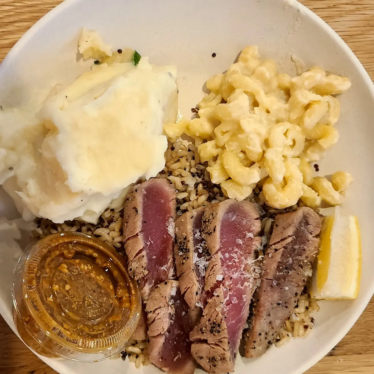 Line Caught Ahi Tuna w Mashed Potatoes and Mac and Cheese