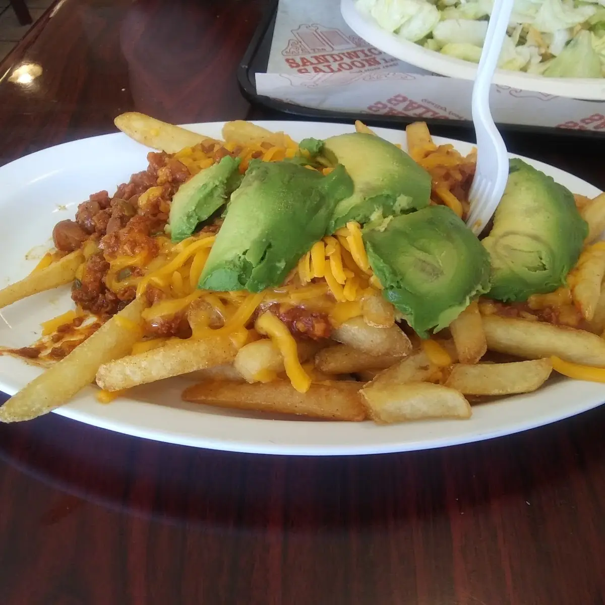 Chili Cheese Fries w Avocado Slices