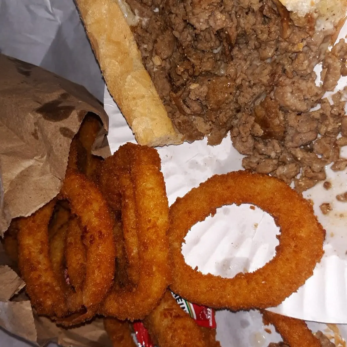 Steak and Cheese Sub with Onion Rings