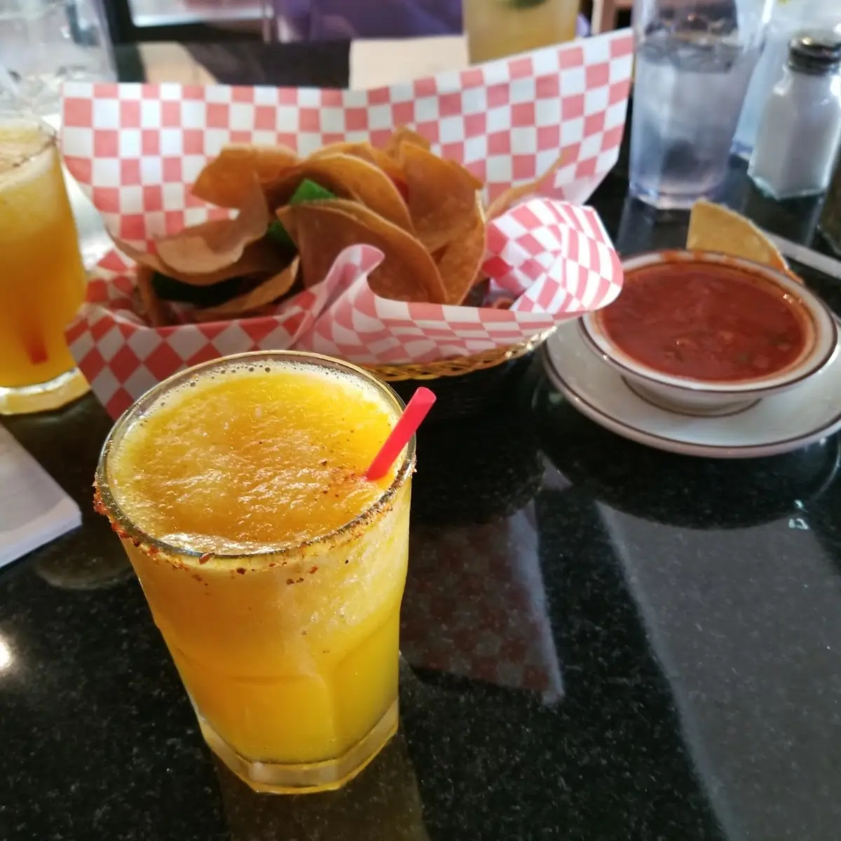 Chips Salsas and a Mango Chile Margarita
