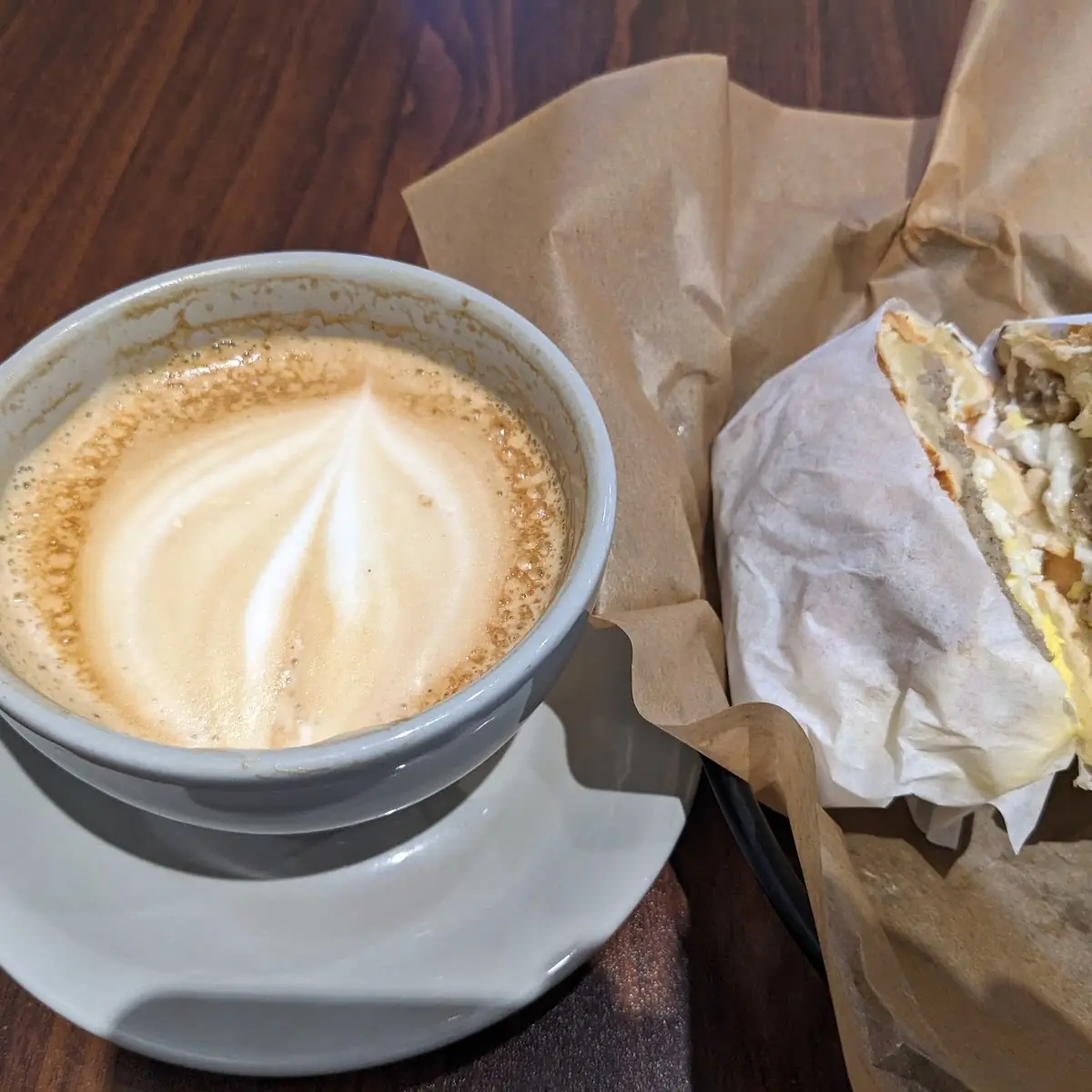 Waffle Breakfast Sandwich and a Latte