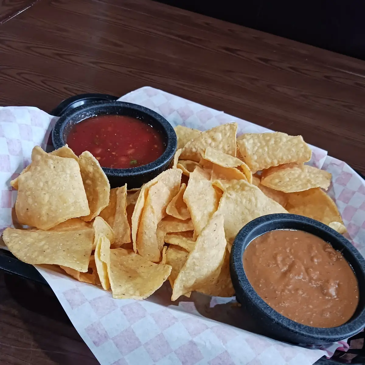 Chips Salsa and Bean Dip