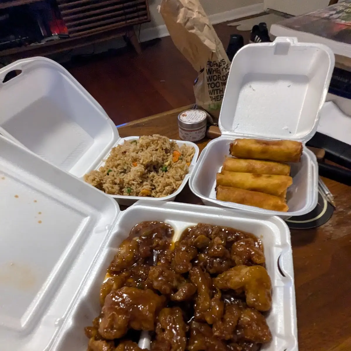 Orange Chicken Fried Rice and Egg Rolls
