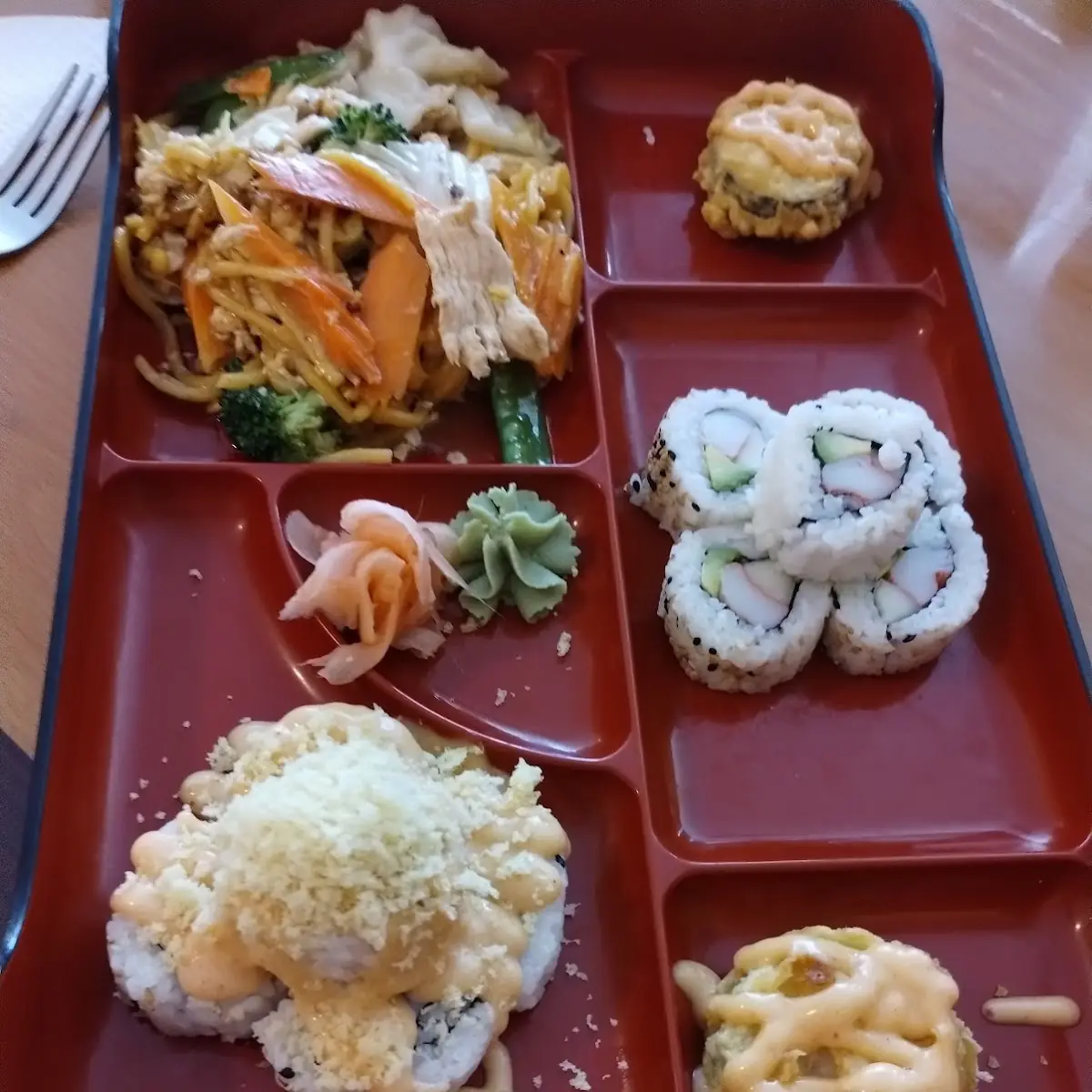 Bento Box with Sushi and Noodles