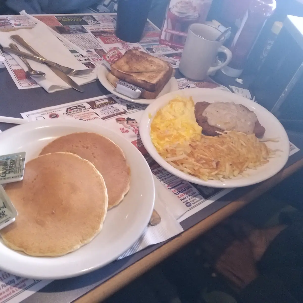 Country Fried Steak Soft Eggs with a Short Stack Pancakes