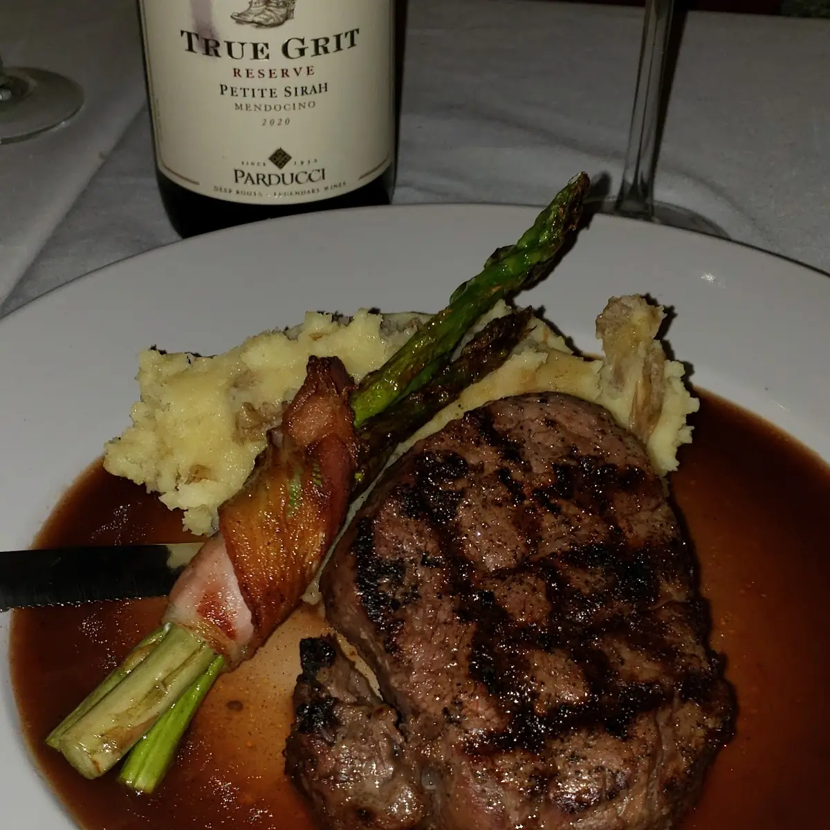 Filet with Mashed Potato and Bacon Wrapped Asparagus