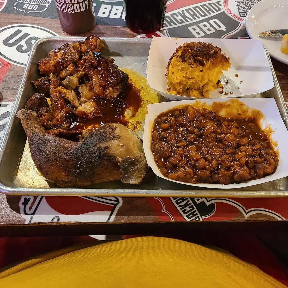 BBQ Chicken with Corn Pudding and Baked Beans