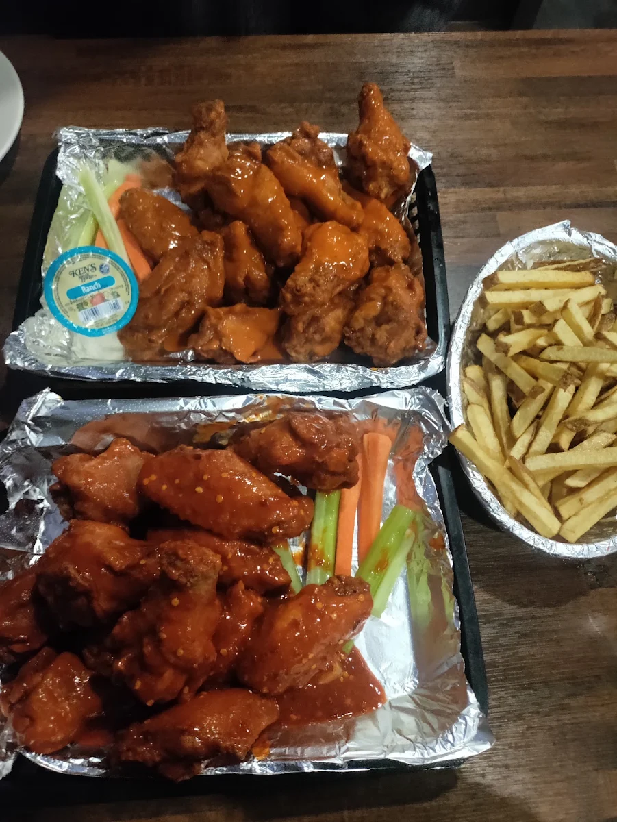 16 Hot Wings Breaded Half Hot and Half Devils Breath Ranch Dressing and Fresh Cut Fries