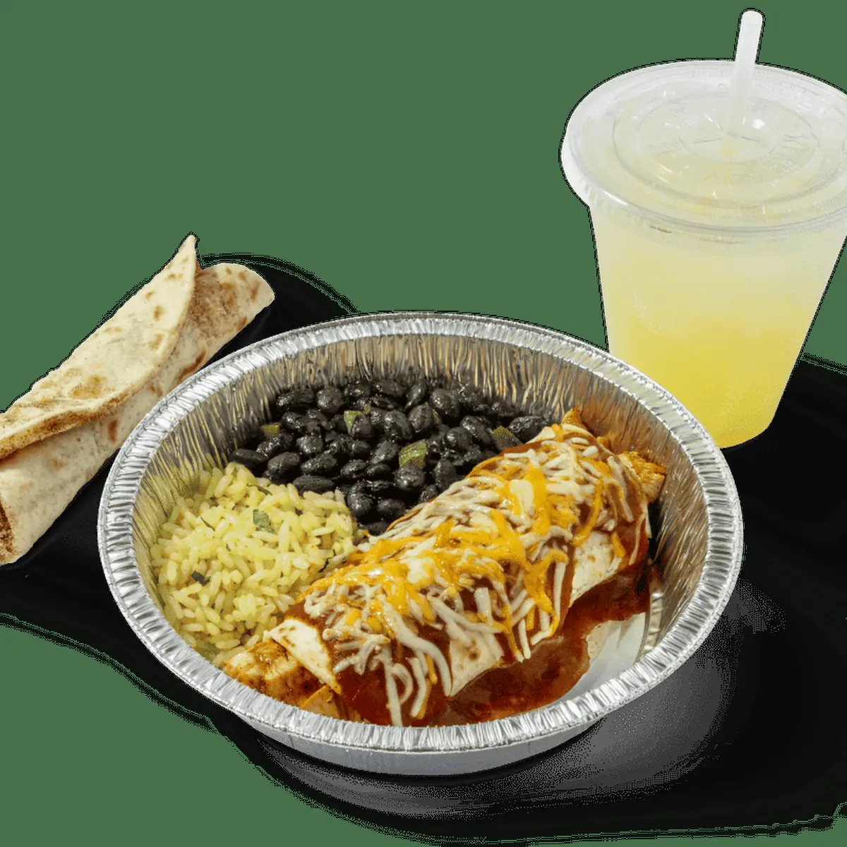 Chicken Burrito Grilled with Rice and Black Beans Smothered with Mild Sauce and a Side of Rice