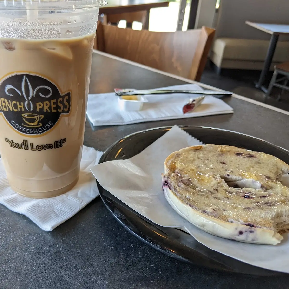 Decaf Latte & Blueberry Bagel