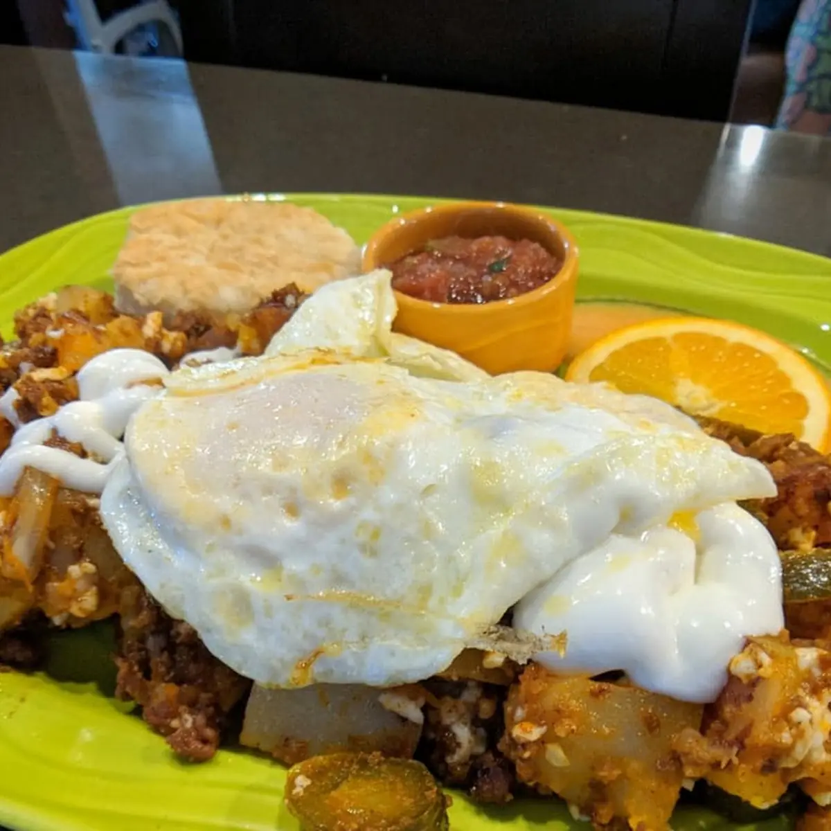 Veggie Hash 2 Eggs over Easy Fresh Buttermilk Biscuit