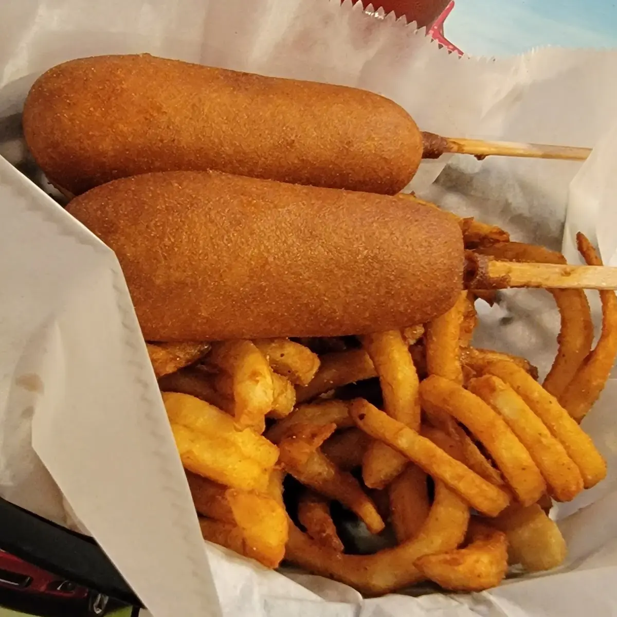 Two Corn Dog and Curly Fries