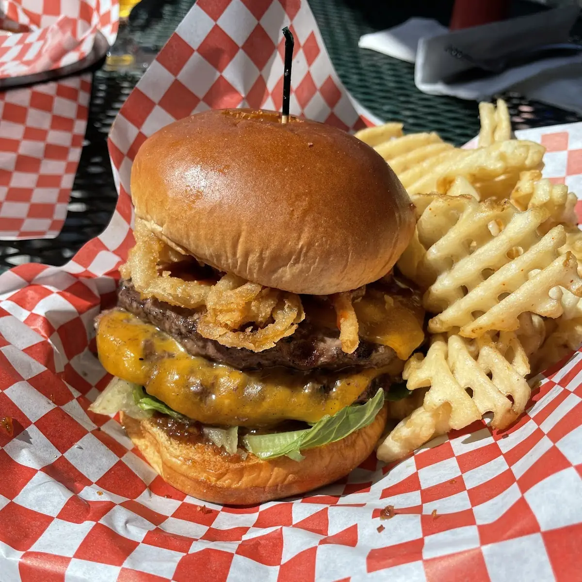 Cheeseburger with Waffle Fries and Draft Beer