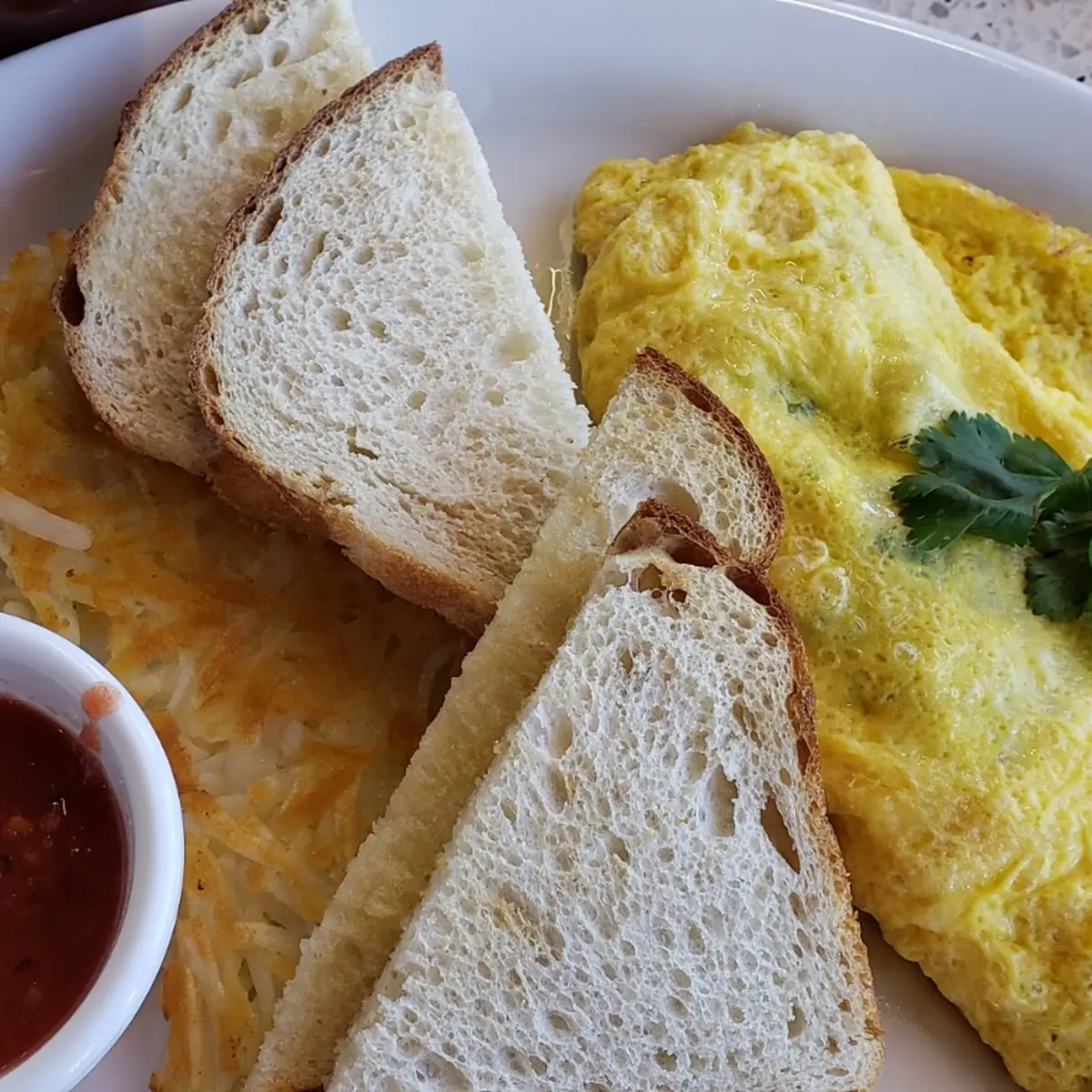 Veggie Omelette with Hash Browns and Sourdough Toast