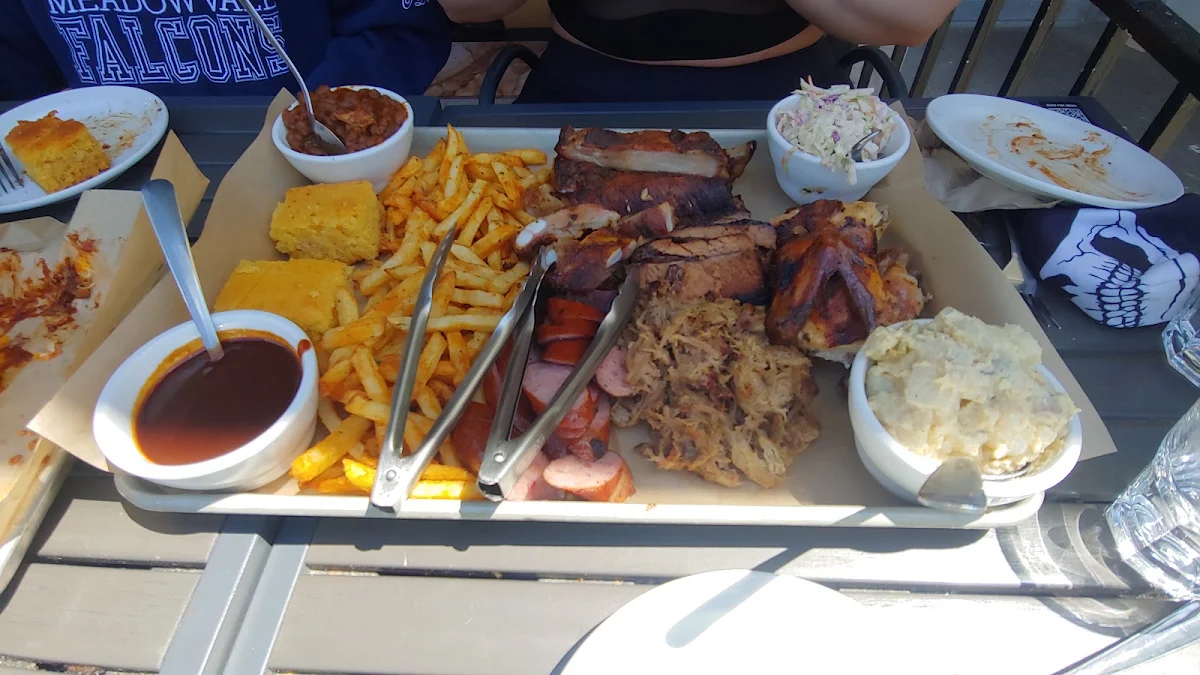 Pulled Pork and Beef Brisket Corn Bread Beans and Coleslaw Side Salad, Memphis Blues Barbeque House