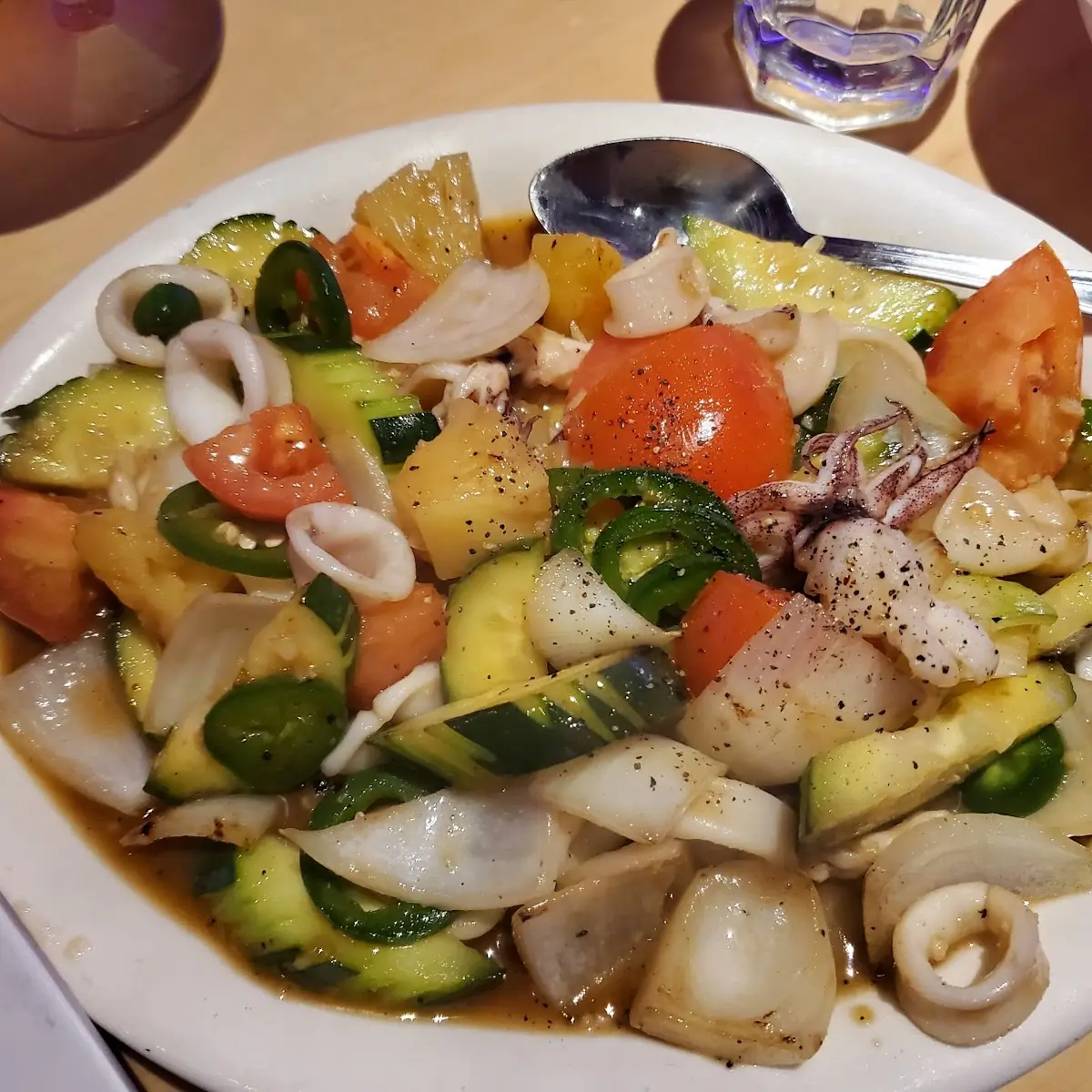 Stir-Fried Squid with Cucumber Pineapple Tomato and Onion