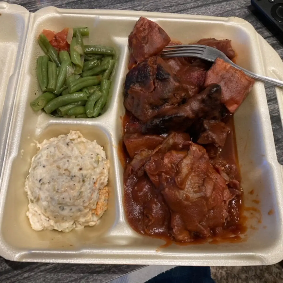 Rib Tips Sliced Beef Potato Salad and Green Beans