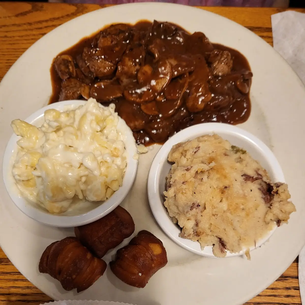 Festus Filet Tips with Mashed Potatoes and Mac and Cheese