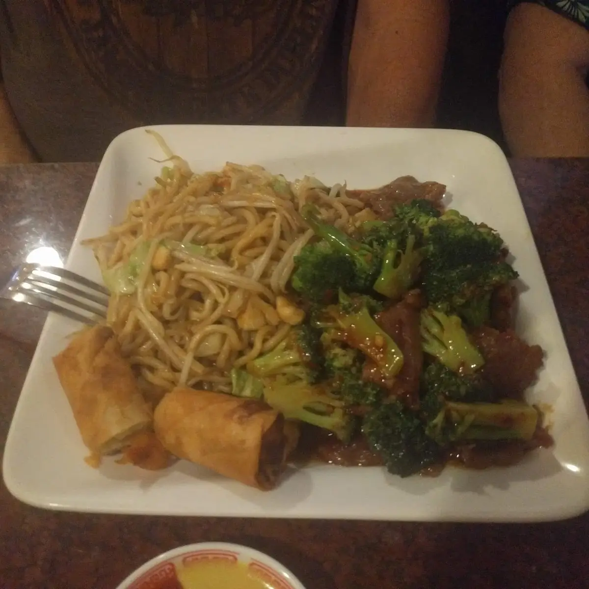 Broccoli Beef Chowmein and Egg Rolls