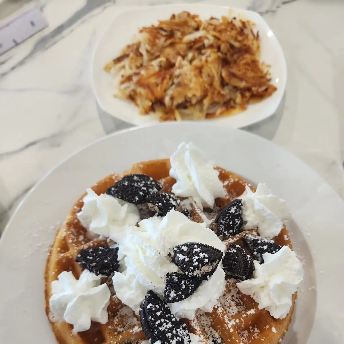 Oreo Waffle and Hash Browns