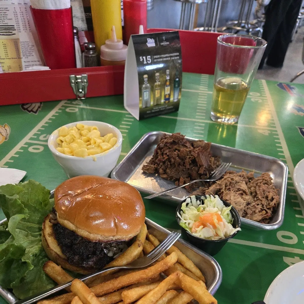 Smashburger and a 2 Meat Meal Pulled Pork and Beef Brisket with Mac N Cheese and Coleslaw