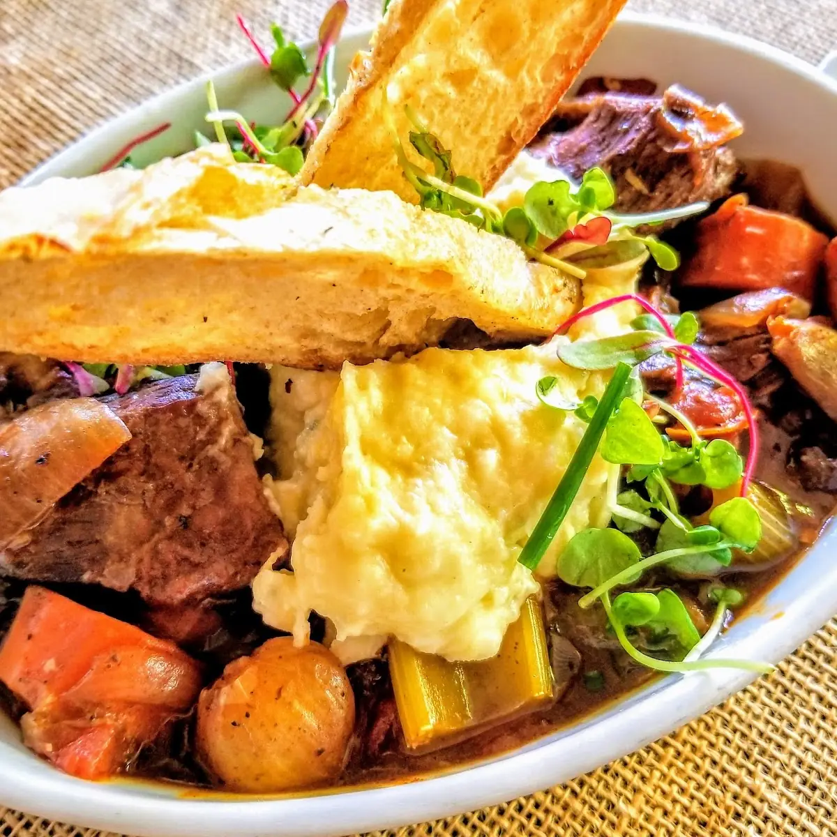 Beef Stew w Roasted Root Vegetables & Blue Cheese Mash