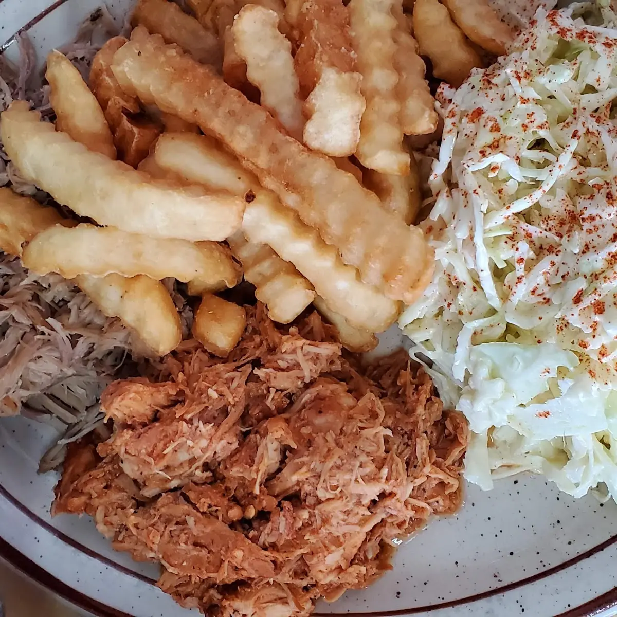 Pulled Chicken Pulled Pork Fries and Coleslaw