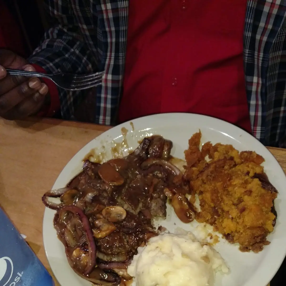 Hamburger Steak with Sweet Potato Casserole and Mashed Potatoes
