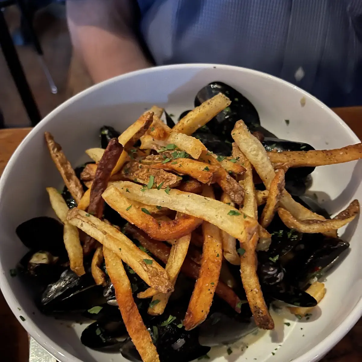 Moules Frites with Vin Blanc Shallots & Herbs