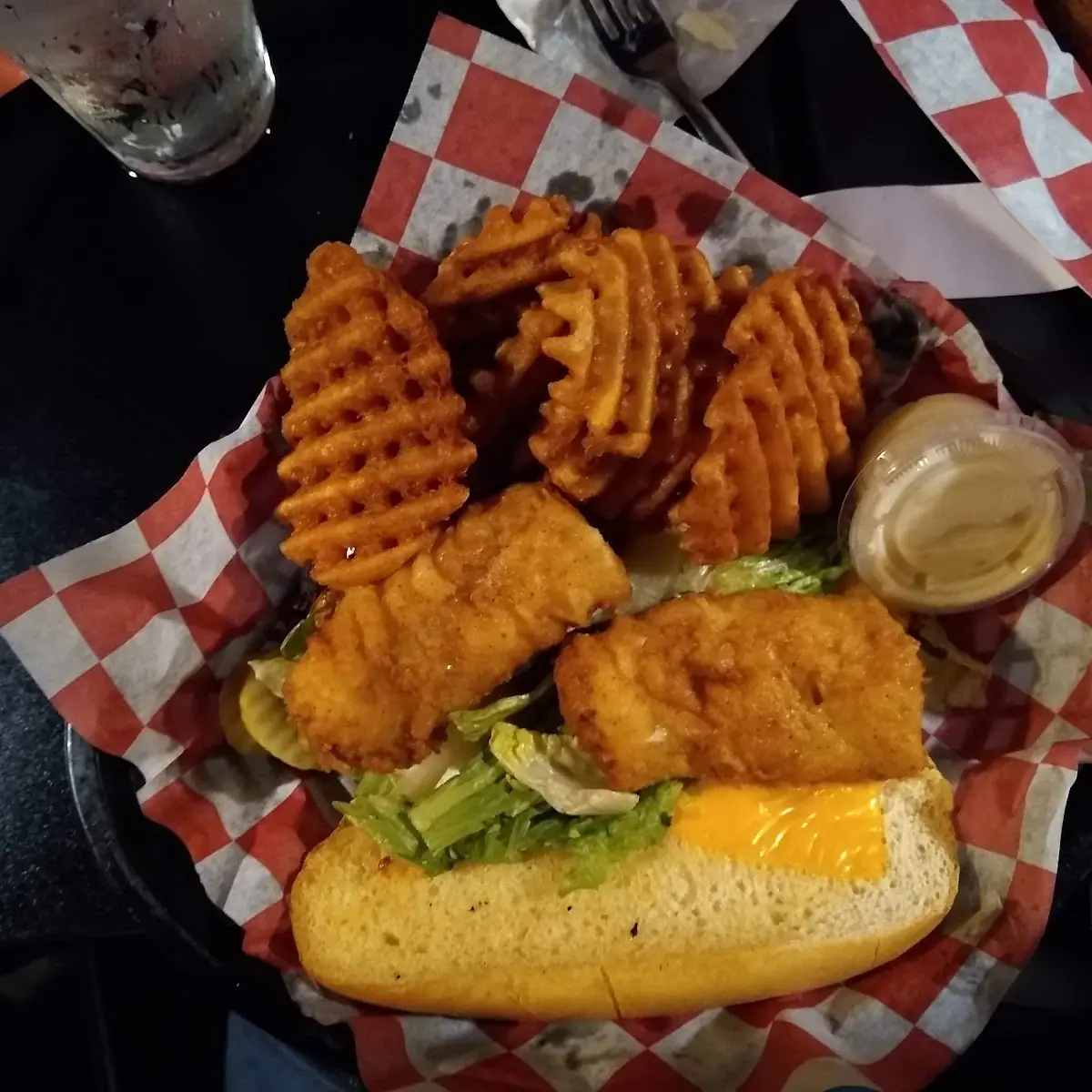 Cod Fish Sandwich and Waffle Fries