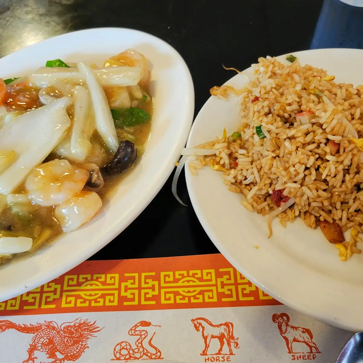 Shrimp Kow and BBQ Pork Fried Rice