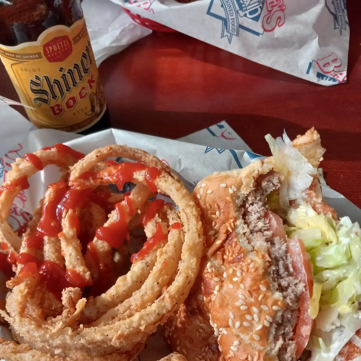 Old Fashioned Burger and Onion Rings