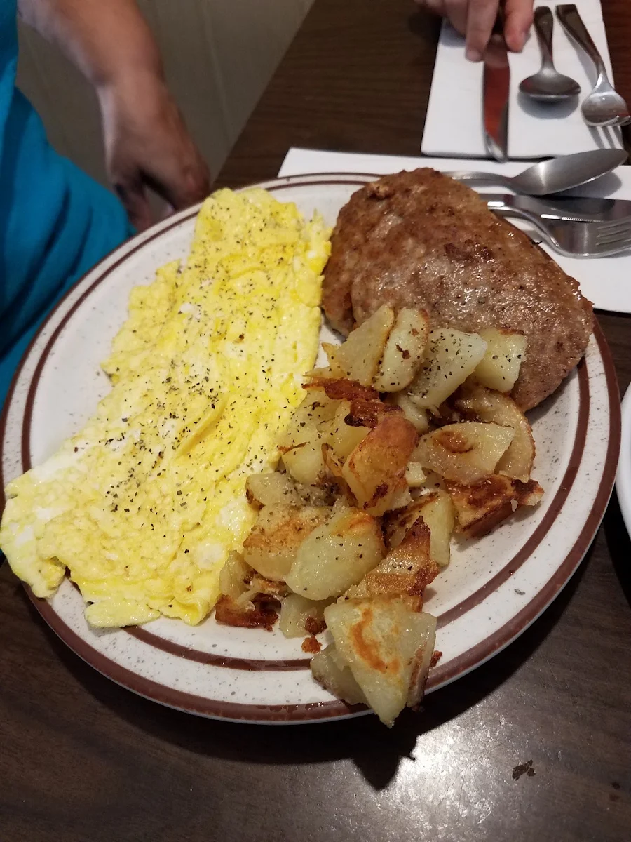Breakfast Scrambled Eggs Sausage Patties and Homefries