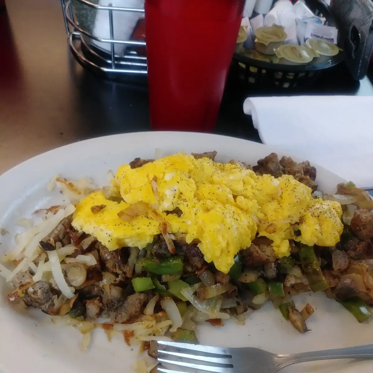 Scrambled Eggs Hash Browns and Corn Beef Hash Browns