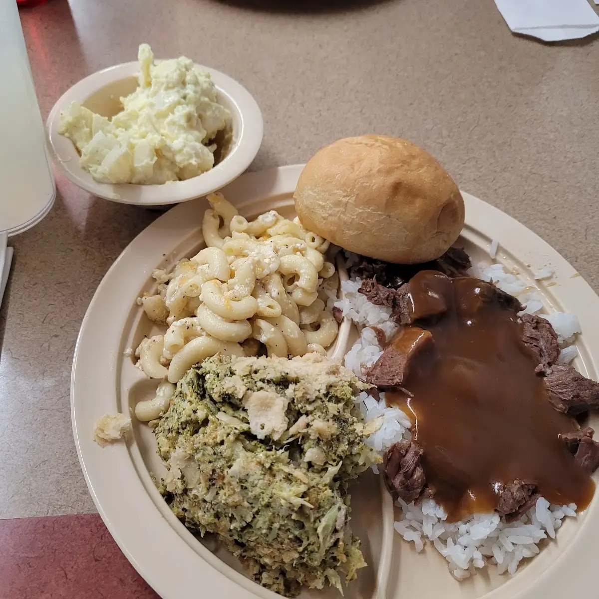 Beef Tips & Rice Potato Salad Broccoli Casserole Mac & Cheese