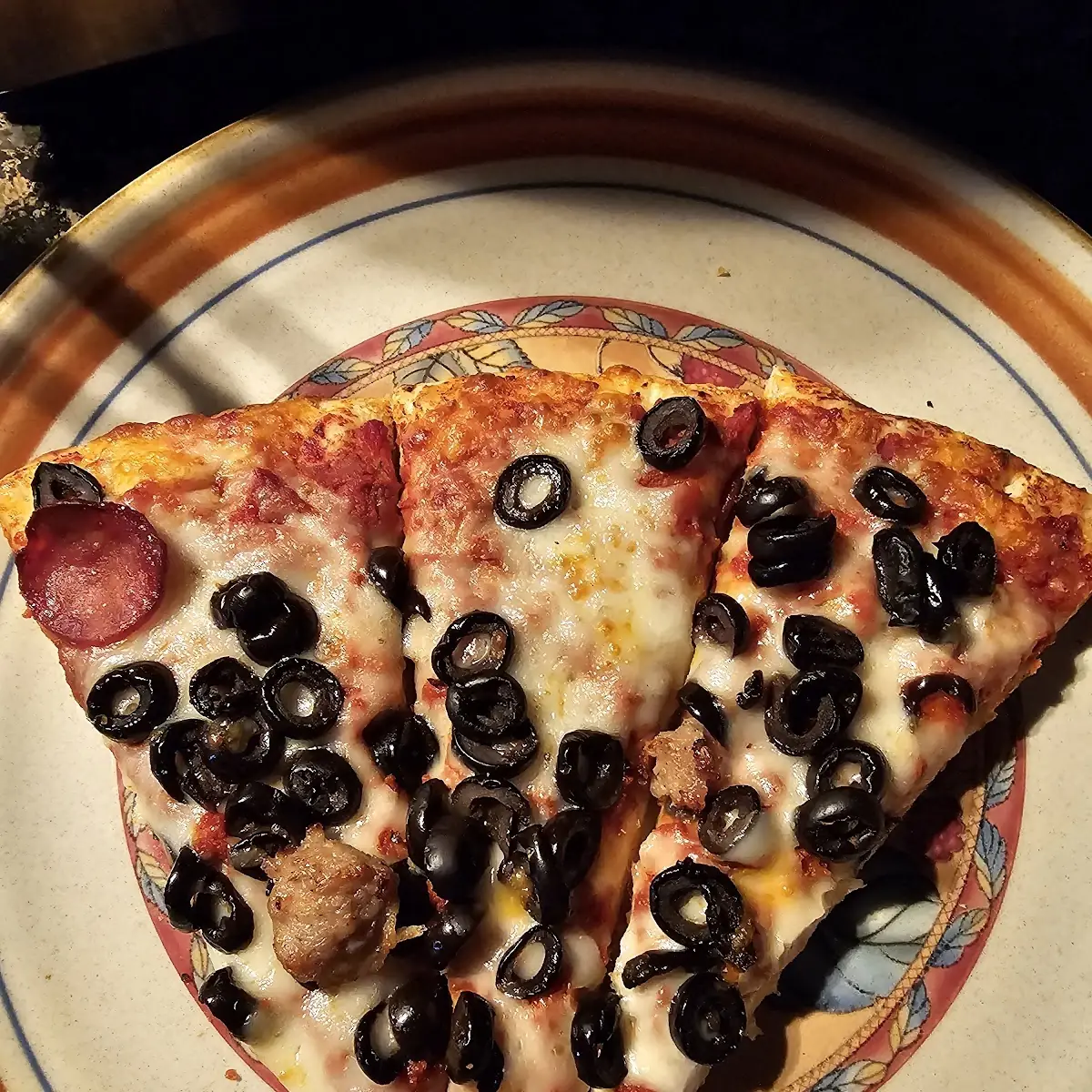 Pepperoni Sausage and Olive Pizza