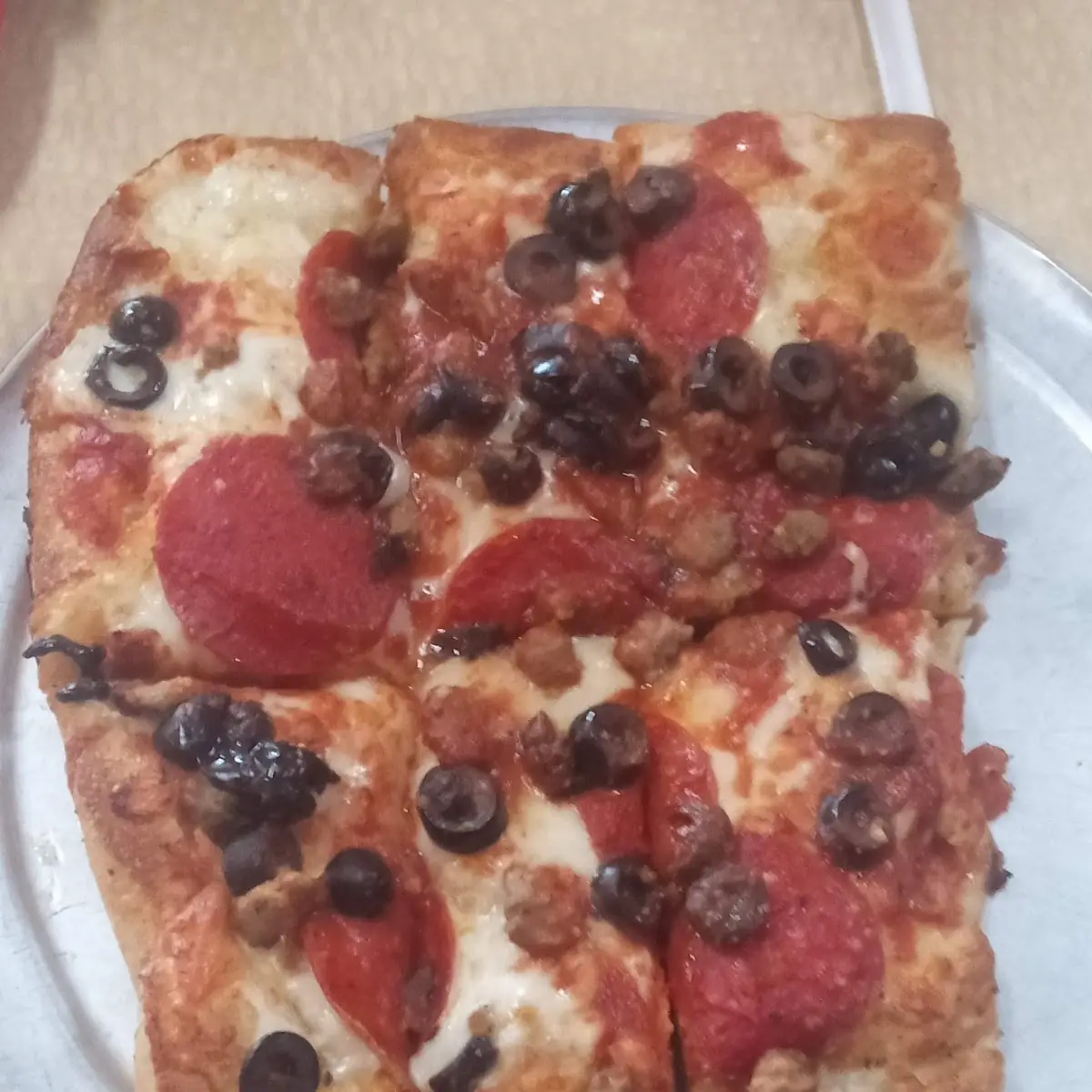 Large Deep Dish Cheese Pizza Pepperoni Sausage Black Olives Extra Cheese