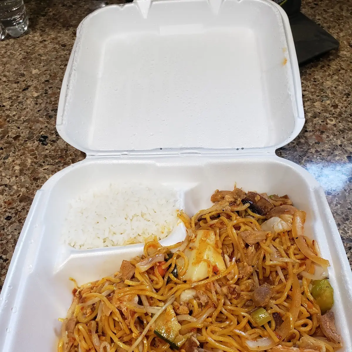 Chicken & Prawn Yakisoba Egg Roll Steamed Rice