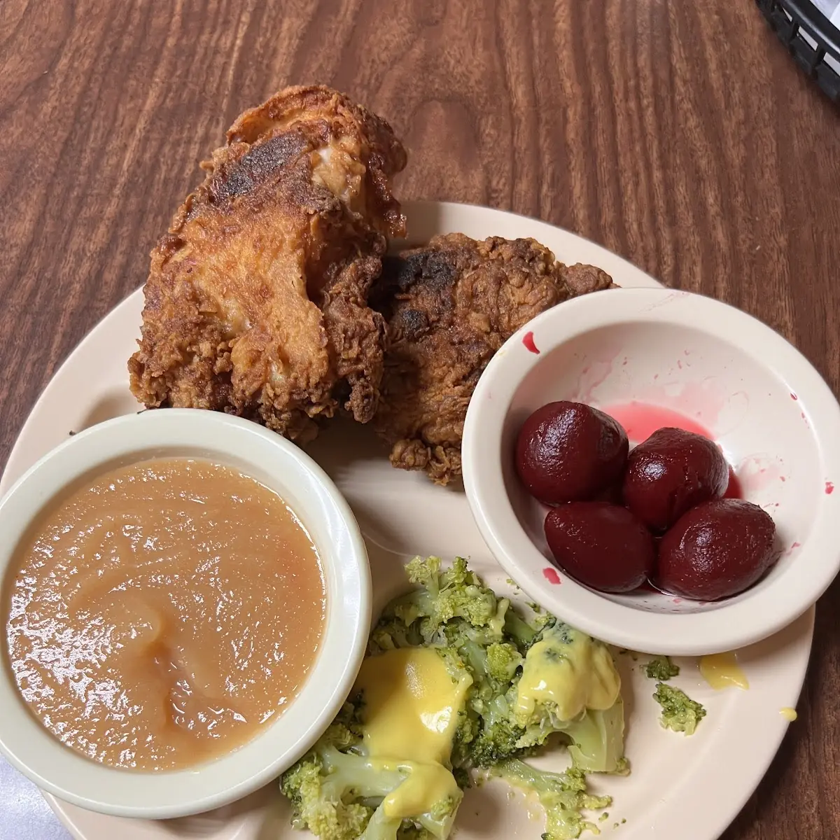 Fried Chicken Broccoli Beets & Apple Sauce