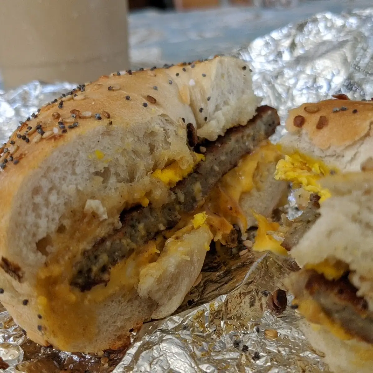 Sausage Egg and Cheese on Everything Bagel